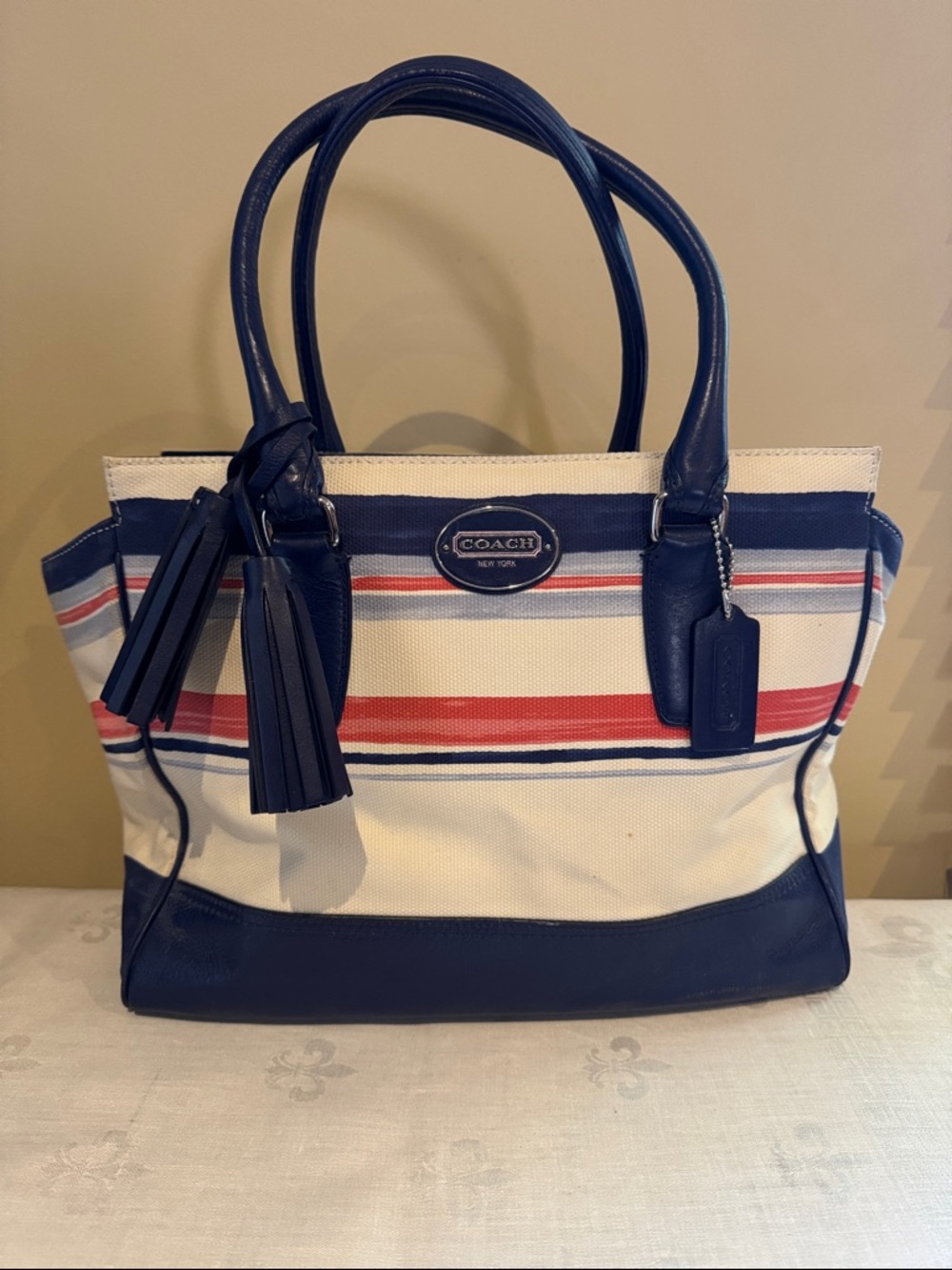 COACH Legacy Stripe Print Medium Candace Carryall Navy, Cream & Red  Stripe